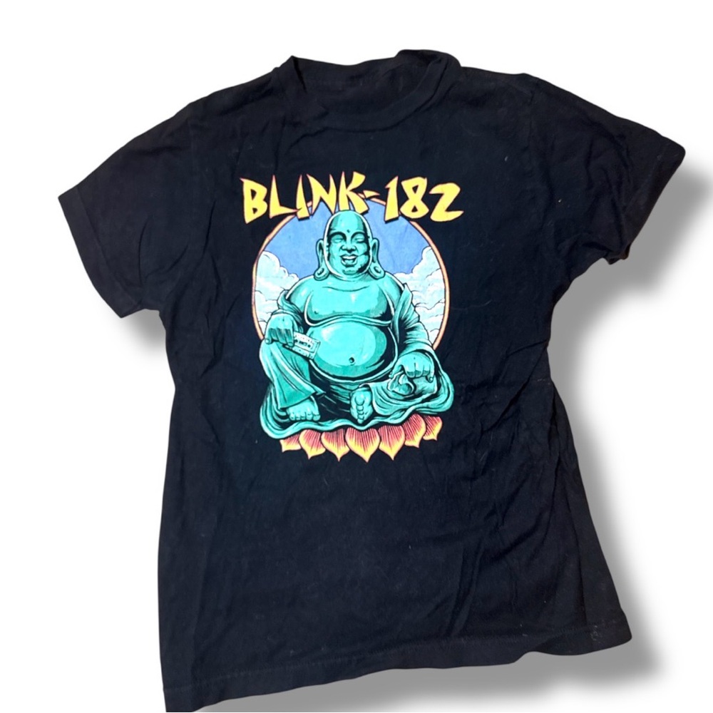 Hot Topic Black Blink-182 Buddha Graphic Tee with Turquoise and Yellow Print